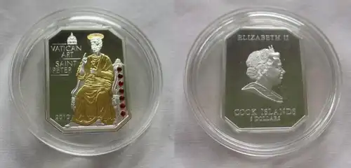 5 Dollar Silbermünze Cook Inseln 2010 Vatican Art St. Peter + Swarovski (154212)