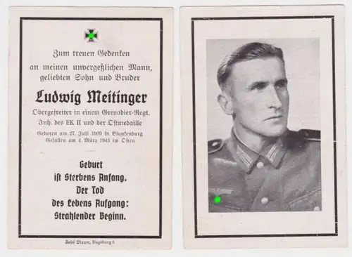 29530 Sterbebild WK2 Grenadier-Regiment Ostmedaille EK II gefallen im Osten 1943