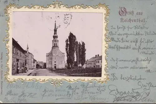 Reichenthal, Straßenansicht mit Kirche, Passepartout, gelaufen 1902