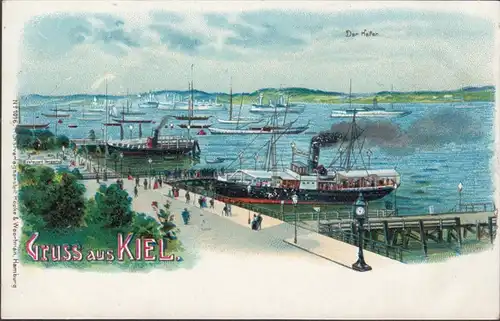 Gruss aus Kiel, Der Hafen, Dampfschiffe, Litho, ungelaufen