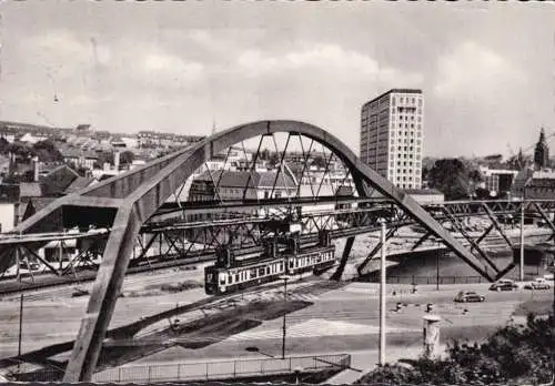 AK Wuppertal, Stadtansicht, Schwebebahn, Hochhaus, gelaufen 1956