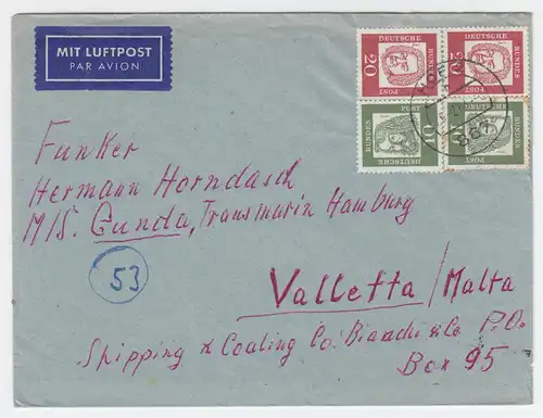 BRD 1963, 20+20+10+10 Pf. auf Luftpost Brief v. Hof n. Malta. Destination! #1807