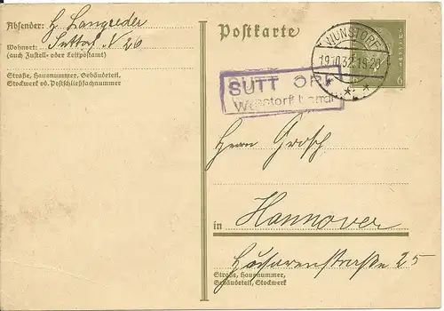 DR 1932, Landpost Stpl. Sutt Orf Wunstorf Land auf 6 Pf. Ganzsache