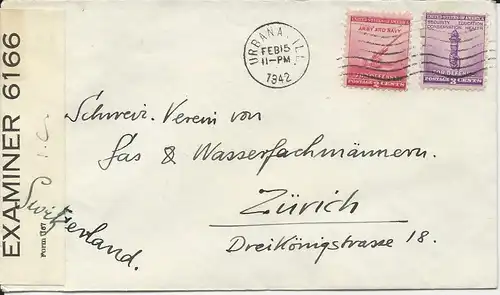 USA 1942, cover from Urbana Ill. m. Bermuda I.C. Zensur i.d. Schweiz