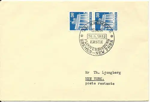 BRD 1952, SAS Erstflug Brief Bremen-New York m. Paar 30 Pf. Bauten 