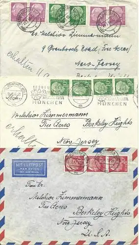 BRD, 3 Briefe m. versch. Heuss Frankaturen i.d. USA. Von München u. Ingolstadt