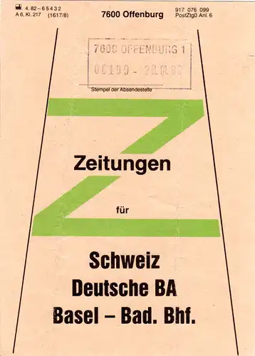 BRD 1986, Offenburg, Briefbundzettel f. Zeitungen n. Basel Bad. Bahnhof, Schweiz