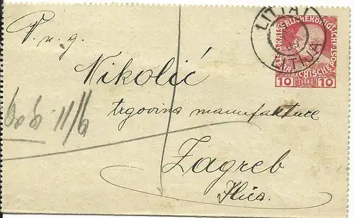 Österreich 1909, K2 LITTAI LITIJA klar auf 10 H. Kartenbrief n. Zagreb