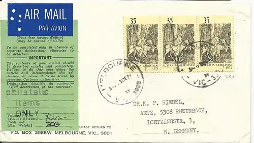Australien 1974, MeF 3x35 C. Weihnachtmarken auf Luftpost Brief n. Deutschland