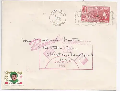 Bermuda 1953, 2 1/2 d. auf Brief m. Conference Stempel u. Vignette. 