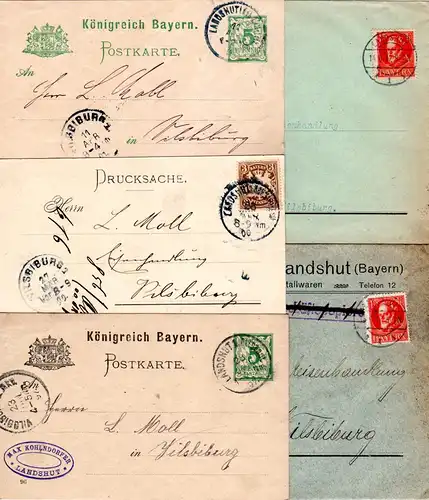 Bayern, Korrespondenz v. 5 Firmen Briefen u. Karten v. Landshut n. Vilsbiburg. 