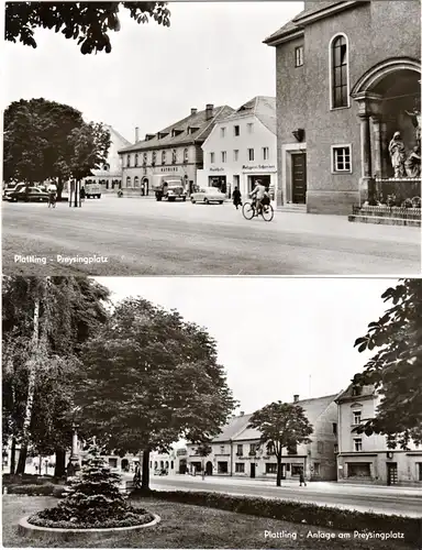 Plattling, Preysingplatz m. Geschäften u. Personen, 2 ungebr. Foto-AK