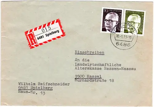 BRD 1972, 2 Marken auf 6481 SPIELBERG Einschreiben Brief v. BRACHTTAL