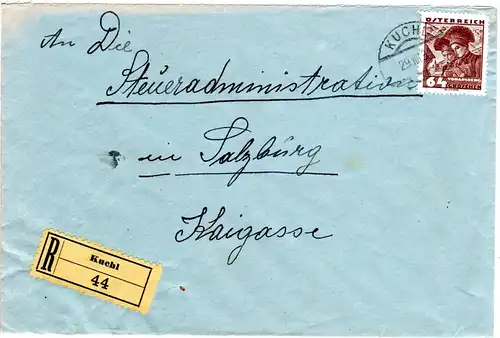 Österreich 1934, EF 64 Gr. auf Einschreiben Brief v. KUCHL