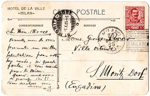 Italien 1906, Hotel De La Ville, AK m. 10 C. u. Sonderstpl. Esposizione Milano