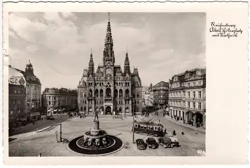 Reichenberg, A. Hitlerplatz m. Trambahn u. Oldtimern, 1942 gebr. Sudeten sw-AK