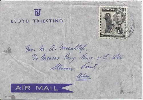 Malta 1953, 1 Sh. auf Luftpost Brief nach Aden Steamer Point. Destination! 