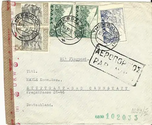 Griechenland 1942, 5 Marken auf Luftpost Brief v. Thessaloniki m. Dt. OKW Zensur