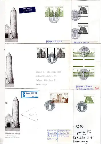 Irland, 6 FDC Architektur, u.a. m. Zwischenstegen. Auch Luftpost u. 1 Pound Reko