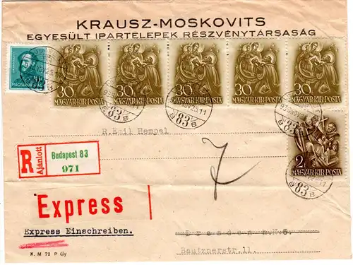 Ungarn 1938, 7 Marken auf Reko-Express Brief v. Budapest n. Deutschland