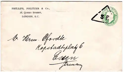 GB, 1/2d Privat Ganzsache Brief m. SE Drucksachen Stempel n. Deutschland