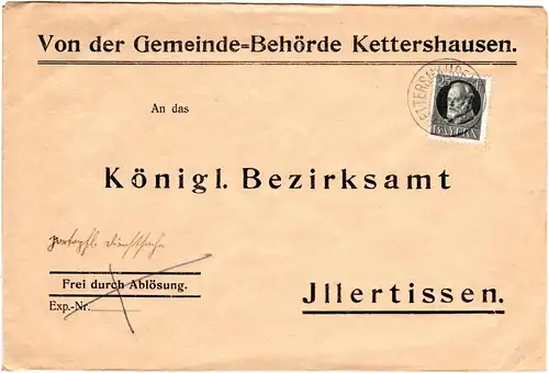 Bayern 1917, EF 25 Pf. Kriegssdruck auf Gemeinde Brief v. KETTERSHAUSEN