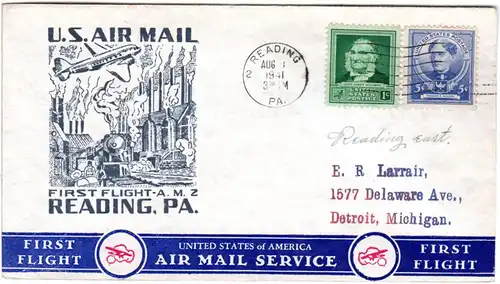 US 1941, Reading Erstflug Stpl. m. Dampf-Lokomotive, Brief m. 1+5 C.