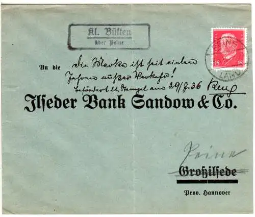 DR 1930, Landpost Stpl. KL. BÜLTEN über Peine auf  Brief m. 15 Pf. 