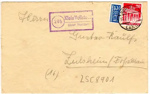 BRD 1951, Landpost Stpl. 24b KLEIN VOLLSTEDT über Nortorf auf Brief m. 20 Pf. 