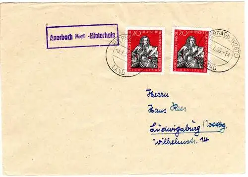 DDR 1959, Landpost Stpl. AUERBACH (Vogtl.)-HINTERHAIN auf Brief m. 2x20 Pf.