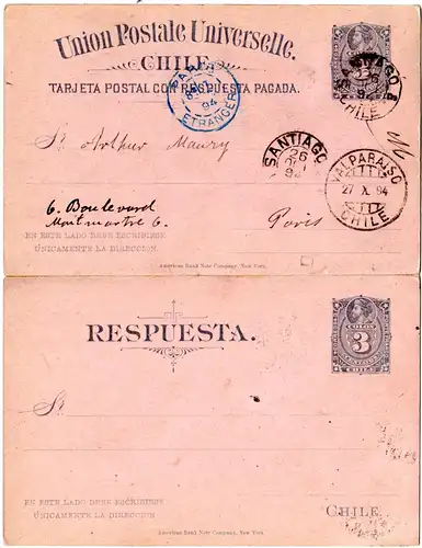 Chile 1894, 3 C. Doppelkarte Ganzsache v. Santiago n. Frankreich.