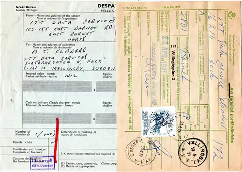 GB 1971, Paketkarte v. New Barnet m. Schweden Porto-Etikett u. -Formular