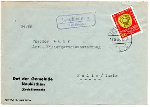 DDR 1959, Landpost Stpl. NEUKIRCHEN über Eisenach auf Gemeinde Brief m. 20 Pf..