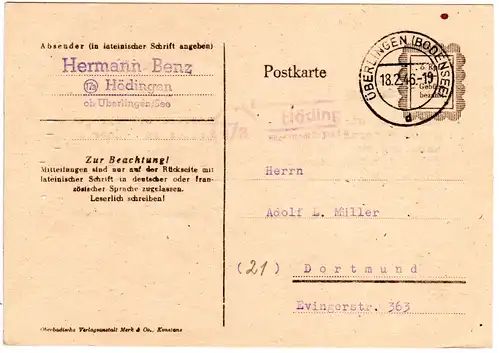 1946, Landpost Stpl. 17a HÖDINGEN über Überlingen auf 6 Rpf. Behelfs-Ganzsache