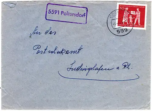 BRD 1963, Landpost Stpl. 5591 POLTERSDORF auf Brief m. 20 Pf. u. Stpl. Cochem.