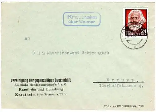 DDR 1953, Landpost Stpl. KRAUTHEIM über Weimar auf Bauernhilfe Brief m. 24 Pf.