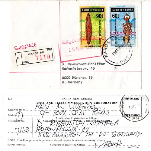 Papua Neu Guinea 1992, 60+90 t artifacts auf Einschreiben Brief v. Wardstrip