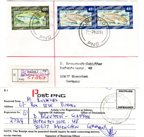 Papua Neu Guinea 1994, 60+2x45 t Fische auf Einschreiben Brief v. Baroko