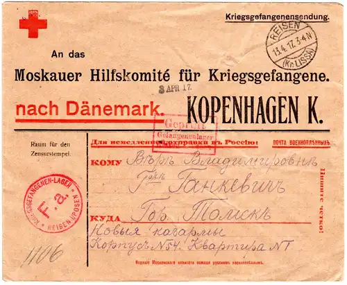 DR 1917, Reisen Kr. Lissa, KGF POW Rotes Kreuz Vordruck Brief n. Dänemark. 