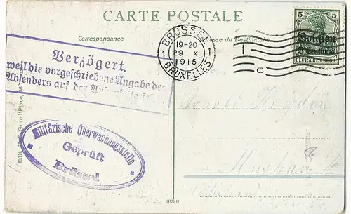 Dt. Besetzg. Belgien 1917, 5 C./5 Pf. auf Karte m. Zensur - Verzögerungsstpl.