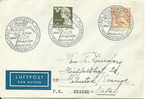 Schweden 1946, Erstflug Brief Stockholm-Montevideo, Etappe bis Natal, Brasilien