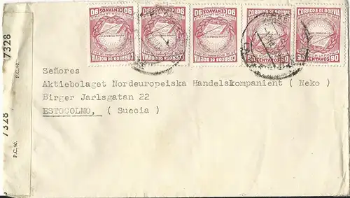 Bolivien, MeF 5x90 C. Revolution 1943 auf Zensur Brief n. Schweden