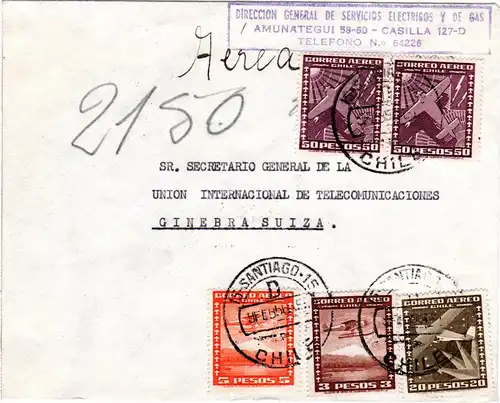 Chile 1956, 2x50+20+5+3 P. auf Luftpost Brief v. Santiago i.d. Schweiz.