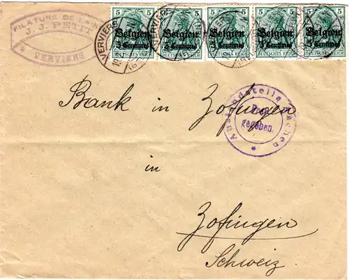 Dt. Besetzung Belgien 1916, 5x5 C. auf Zensur Brief v. Verviers i.d. Schweiz