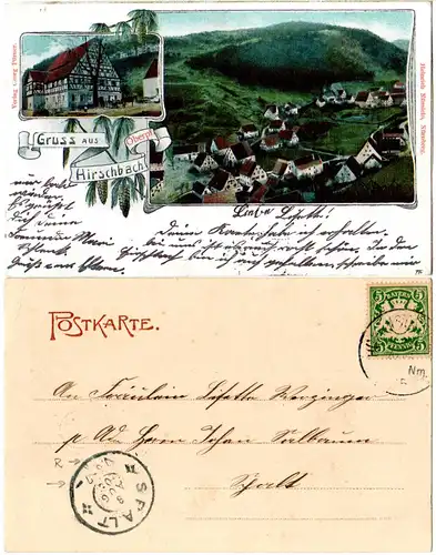 Gruss aus Hirschbach Oberpfalz, 1905 gebr. Farb-AK m. Spalt Reservestpl.