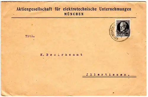 Bayern 1914, EF 25 Pf. Friedensdruck auf Firmen Brief v. KRUMBACH Schwaben