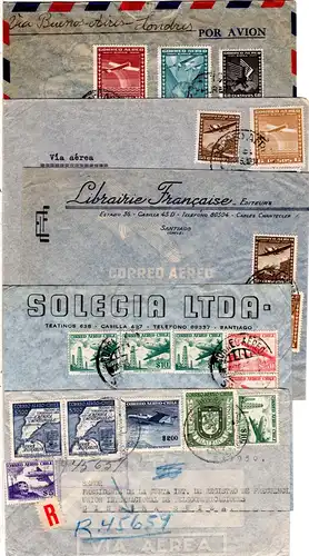 Chile 1948/59, 5 Luftpost Briefe n. Europa, dabei 1 Einschreiben