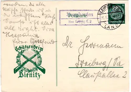 DR 1937, BURGHAUSEN über Leipzig, Landpost Stpl. auf Bienitz Schützenheim Karte.