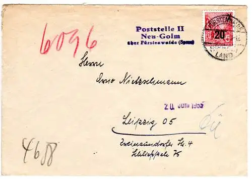 DDR 1960, POSTSTELLE II NEU-GOLM über Fürstenwalde auf Brief m. 20/24 Pf.