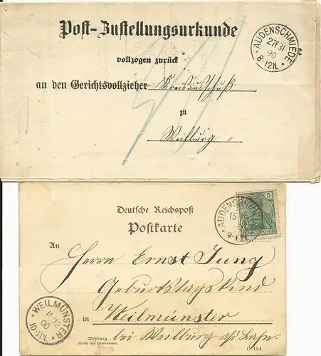 DR 1900/13, Post Zustellungsurkunde u. Karte je m. K1 Audenschmiede